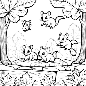 Springende Flughörnchen-Babys im bunten Wald Ausmalbild für junge Abenteuerlustige