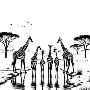 Bezaubernde Giraffenfamilie am Wasserloch Ausmalmotiv für neugierige Tierfreunde