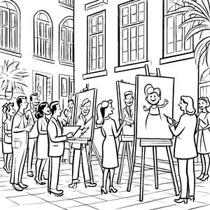 Kreative Karikaturisten beim lebhaften Zeichenkurs Ausmalbild für neugierige Künstler