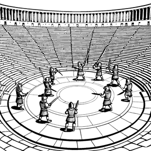 Entschlossene Gladiatoren im spannenden Wettkampf Ausmalvorlage für mutige kleine Kämpfer