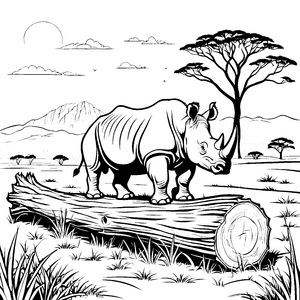 Starkes Nashorn auf majestätischem Baumstamm Ausmalbild für aufgeweckte kleine Abenteurer
