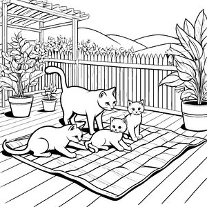 Katzenmama mit süßen Kitten im Garten Ausmalbild für neugierige Tierfreunde