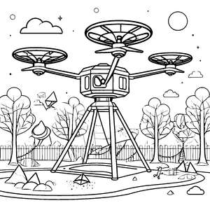 Futuristische Drohne über grüner Parklandschaft Ausmalbild für neugierige Technik-Fans