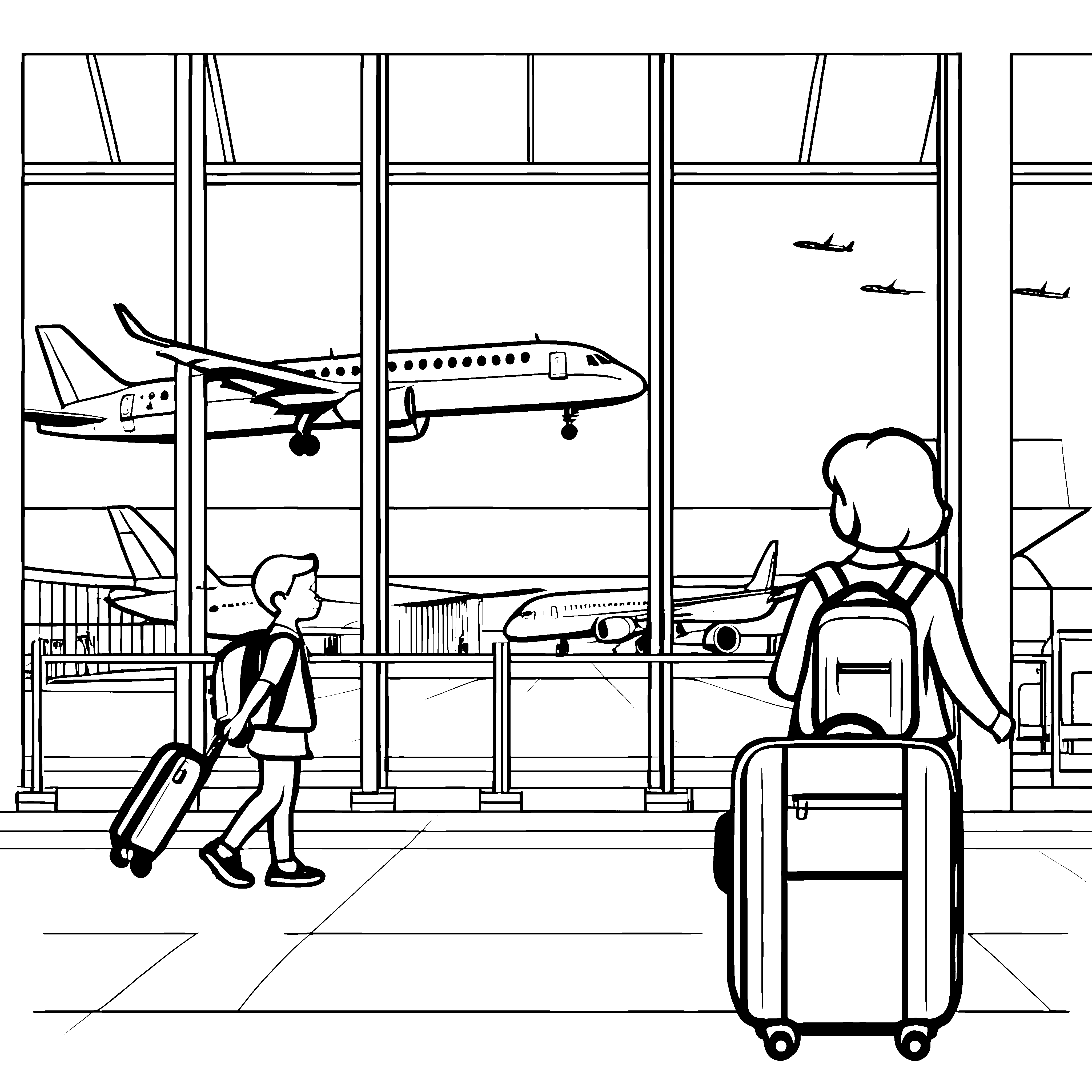 Schnelle Flugzeuge im Terminal Ausmalvorlage für junge Reisefreunde