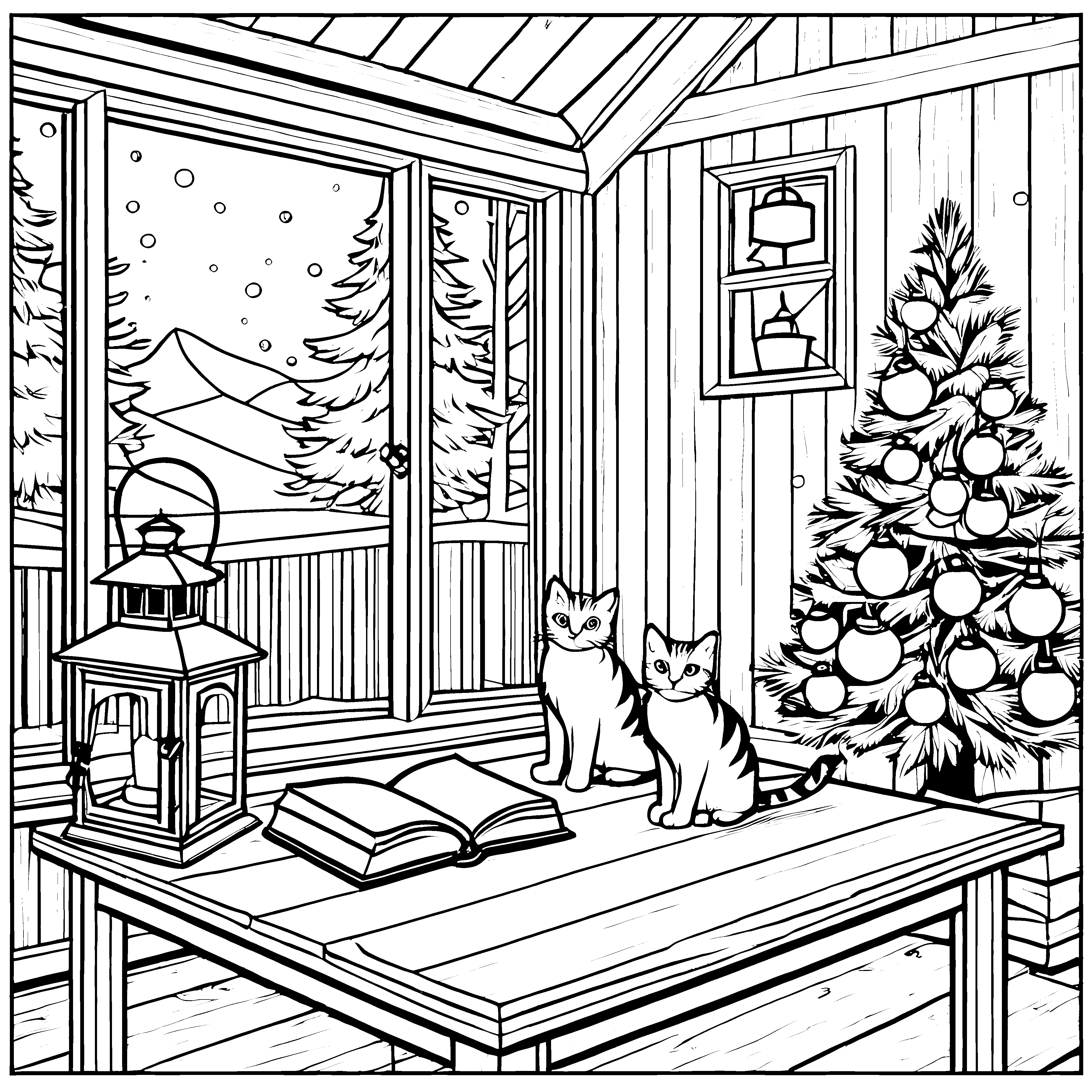 Gemütliche Katzen im Weihnachtszimmer Ausmalmotiv für fantasievolle Tierfreunde