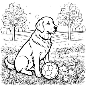 Verspielter Hund mit Fußball in blühender Wiese Ausmalbild für kreative Hundefreunde