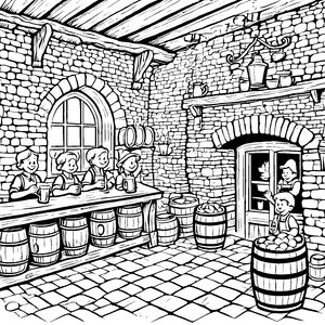 Fröhliche Gäste genießen Getränke in der Taverne Ausmalvorlage für kleine Stimmungsmacher