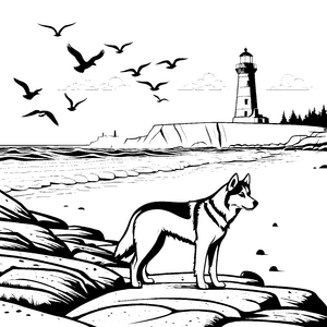 Majestätischer Husky am malerischen Leuchtturm Ausmalvorlage für abenteuerliche Tierfreunde
