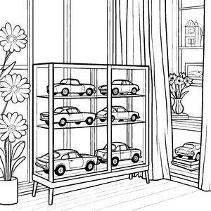Futuristische Vitrine mit tollen Autos Ausmalvorlage für begeisterte Sammler
