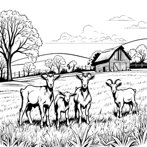 Fröhliche Ziegenfamilie auf der grünen Wiese Ausmalbild für kleine Tierentdecker