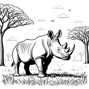 Stolzes Nashorn in der afrikanischen Savanne Ausmalvorlage für mutige Entdecker