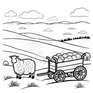 Fluffige Schafe neben zweiwöchigem Heuwagen Ausmalbild für kleine Abenteurer