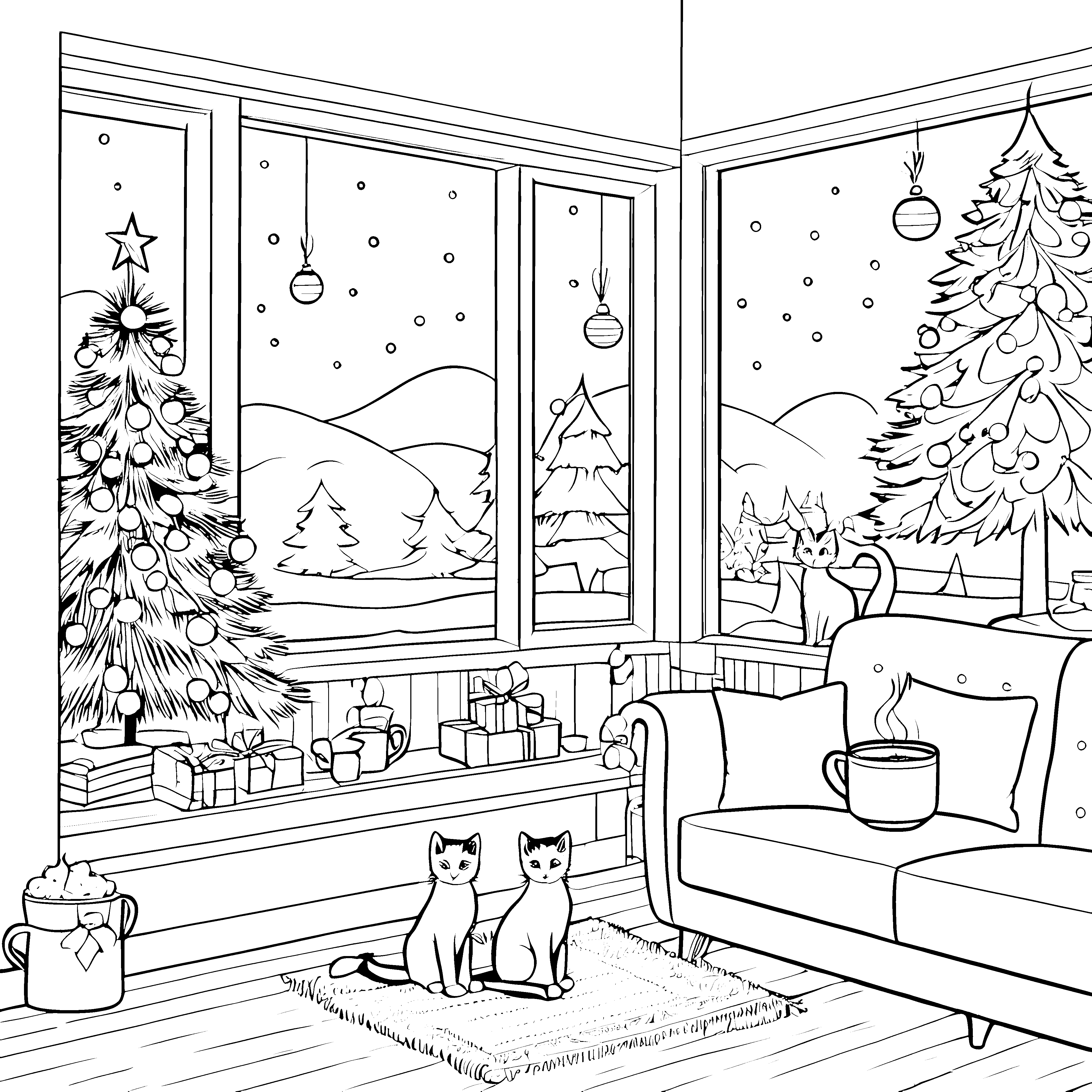 Gemütlicher Weihnachtsabend mit süßen Katzen Ausmalmotiv für kreative Tierfreunde