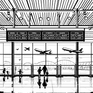 Flughafen-Landschaft mit abhebenden Flugzeugen Ausmalvorlage für kleine Reisefans