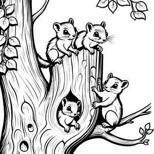 Vier entzückende Flughörnchen-Babys auf knorrigem Baum Ausmalvorlage für kleine Tierliebhaber