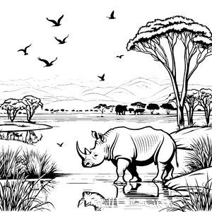 Stolzes Nashorn am glitzernden Wasser Ausmalvorlage für neugierige Naturforscher