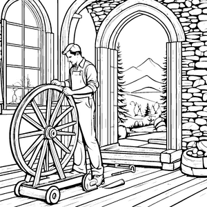 Handwerklicher Radmacher bei schöner Aussicht Bastelmotiv für kreative Entdecker