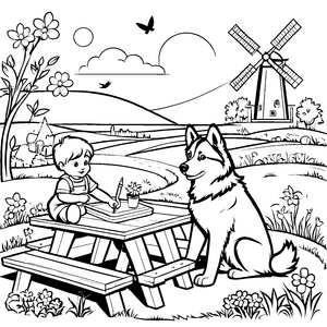 Husky-Freund am bunten Schreibhäuschen Ausmalvorlage für fantasievolle Künstler