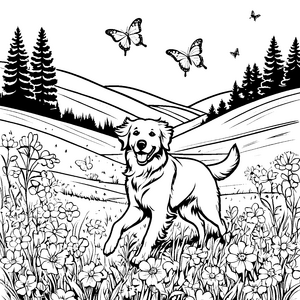 Bezaubernder Golden Retriever im blühenden Feld Ausmalmotiv für fröhliche Abenteurer