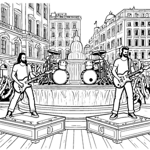 Energetische Rockstars auf lebhafter Bühne Ausmalvorlage für mutige Musikfans