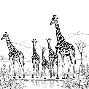 Grazile Giraffen am glitzernden Wasser Ausmalbild für kreative Tierfreunde