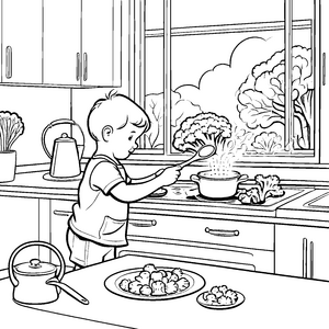 Kreativer Junge beim Kochen von frischem Brokkoli Ausmalvorlage für junge Küchenchefs