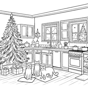 Festliche Katzen unterm Weihnachtsbaum Ausmalmotiv für fröhliche Tierliebhaber
