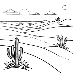 Einzigartige Wüstenlandschaft mit kaktusbewachsenem Hügel Ausmalbild für neugierige Abenteurer