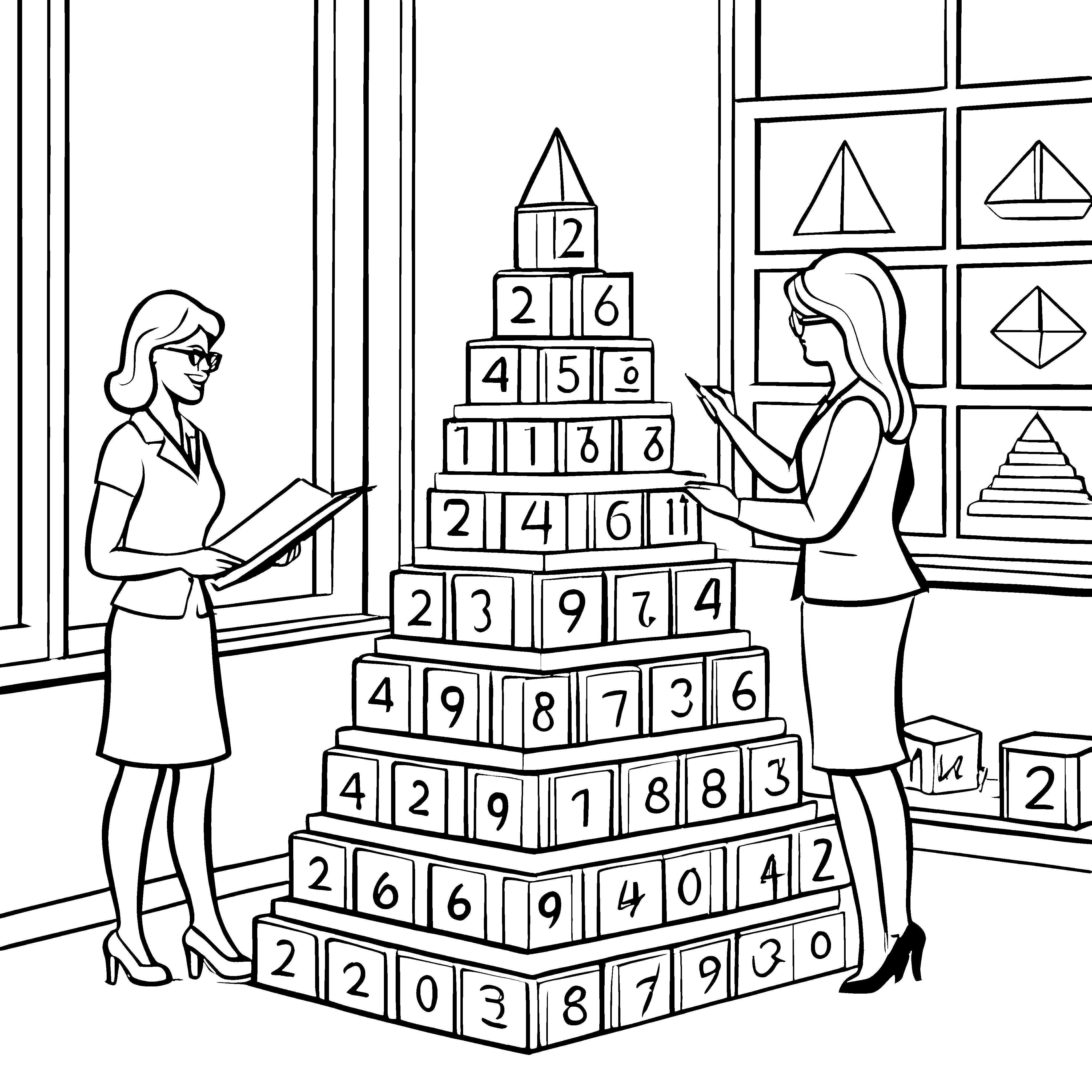 Mathematische Pyramide mit klugen Köpfen Ausmalvorlage für junge Zahlenzauberer