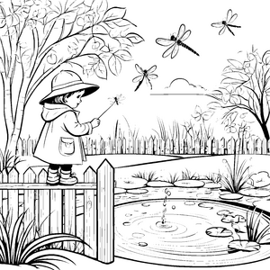 Fröhliches Mädchen mit Libellen am Teich Ausmalvorlage für neugierige Entdecker