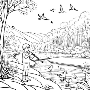 Melodische Flötenklänge am glitzernden Fluss Ausmalbild für kleine Musikfreunde