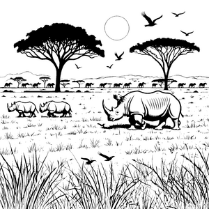 Kraftvolles Nashorn mit neugierigen Freunden Ausmalvorlage für kleine Abenteurer