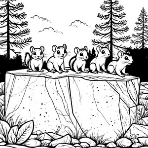 Verspielte Flughörnchen-Babys auf großer Steinplatte Ausmalbild für kleine Entdecker