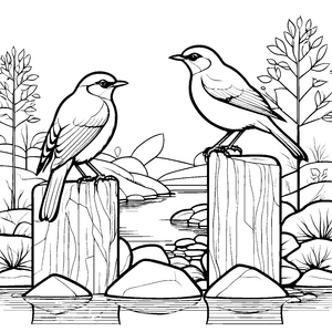 Paare turtelnder Vögel am ruhigen Wasser Ausmalvorlage für kleine Naturfreunde