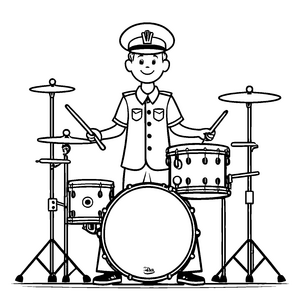 Rhythmisches Schlagzeugspiel von einem kleinen Drummer Ausmalbild für musikalische Abenteurer