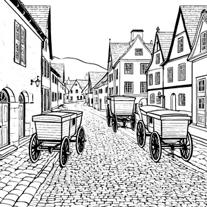 Romantische Kutschen in malerischer Altstadt Ausmalbild für kreative Geschichtenerzähler