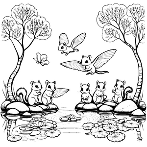 Freche Flughörnchen-Babys beim Wasserplätschern Ausmalvorlage für kleine Naturfreunde