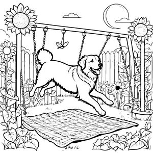 Fröhlicher Golden Retriever auf der Schaukel Ausmalbild für fröhliche Entdecker