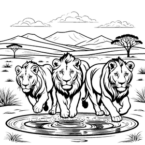 Majestätische Löwen beim erfrischenden Wasserloch Ausmalvorlage für kreative Safari-Fans