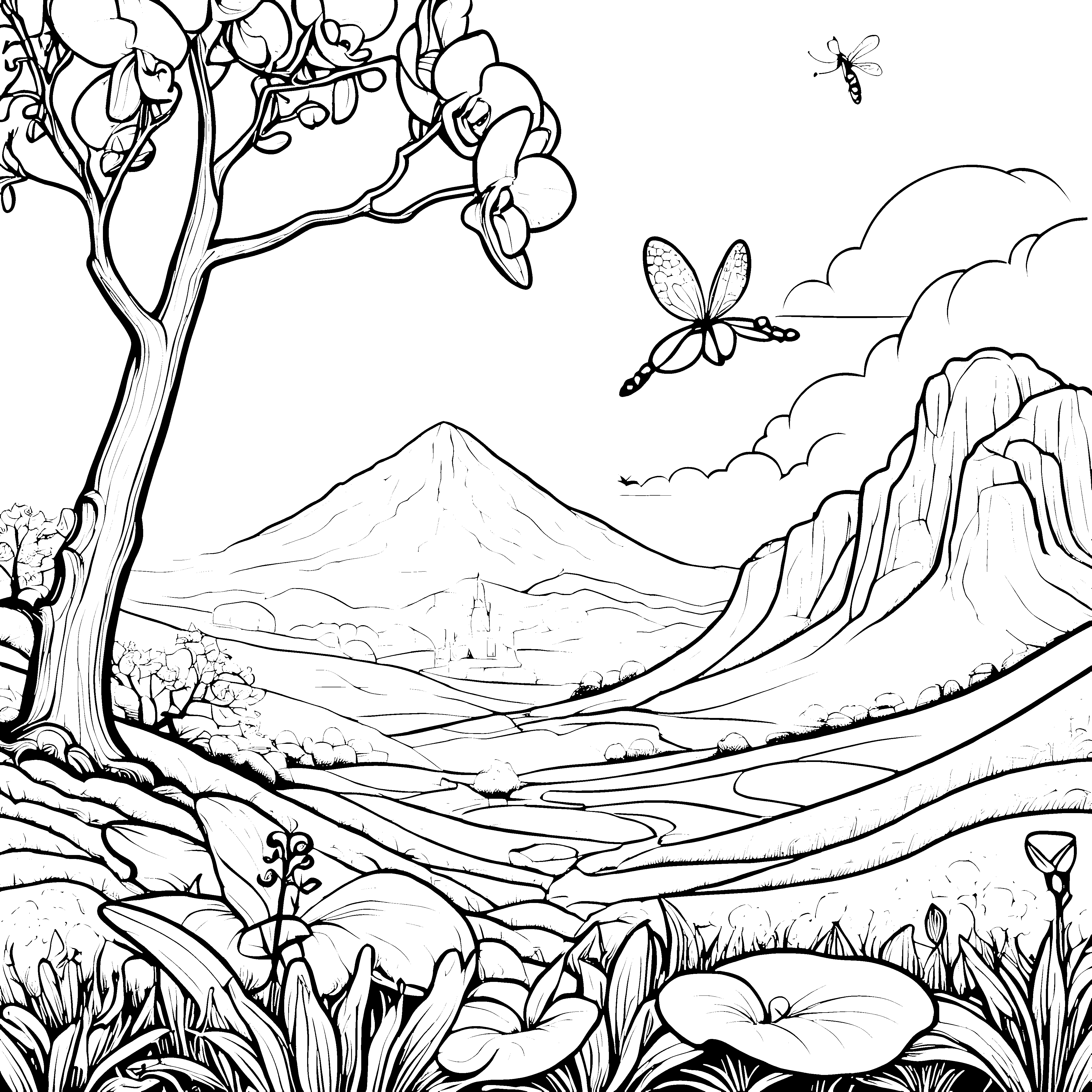 Zauberhafte Orchideen in malerischer Landschaft Ausmalvorlage für kleine Botaniker