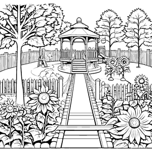 Gemütlicher Spielplatz mit blühenden Sonnenblumen Ausmalvorlage für fröhliche Entdecker