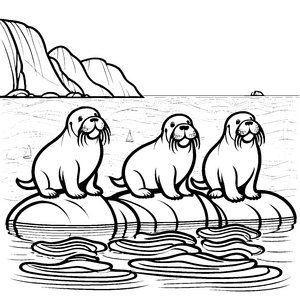 Witzige Walross-Babys auf schwimmendem Stein Ausmalvorlage für fröhliche Entdecker