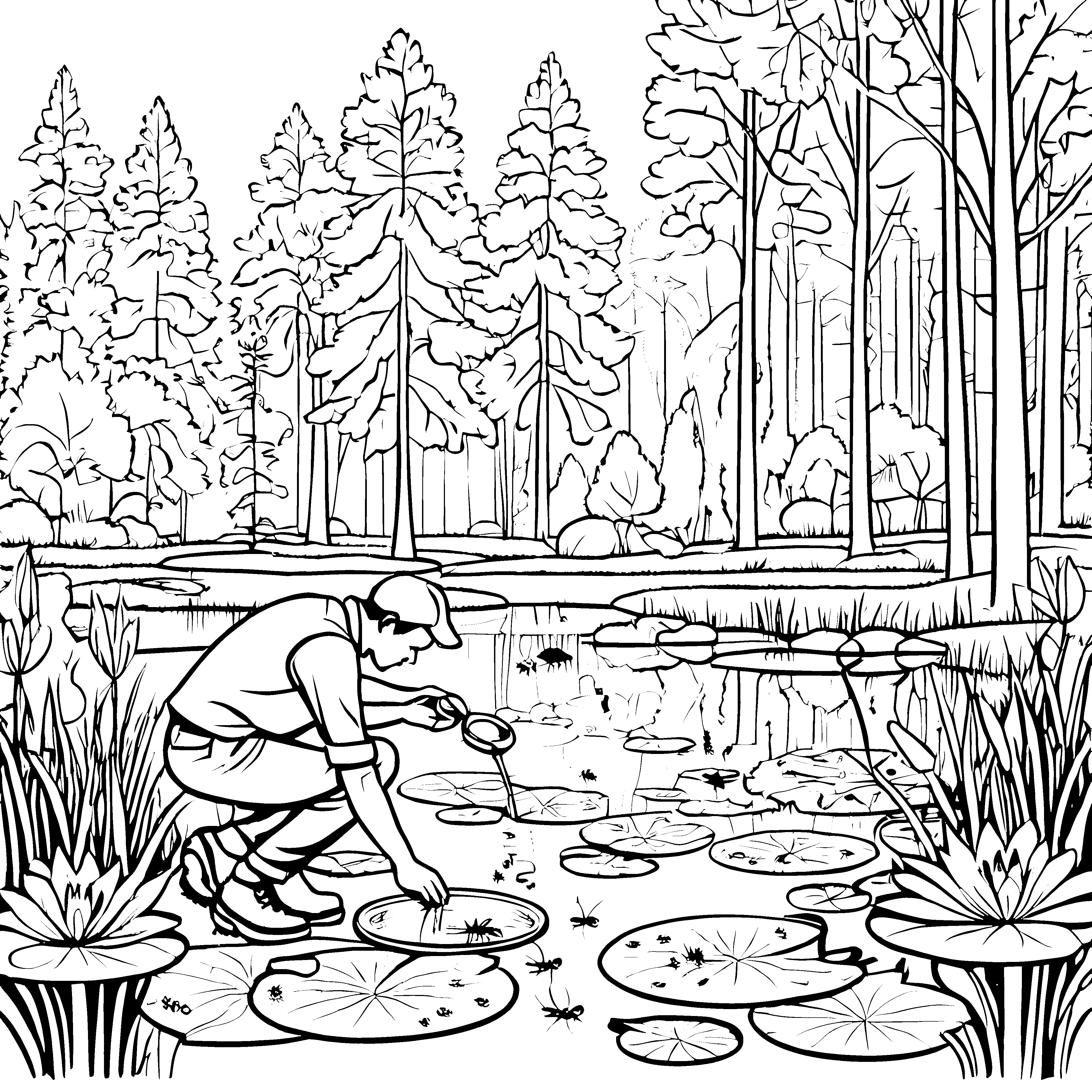 Faszinierendes Entdecker-Abenteuer am Teich Ausmalvorlage für neugierige Forscher