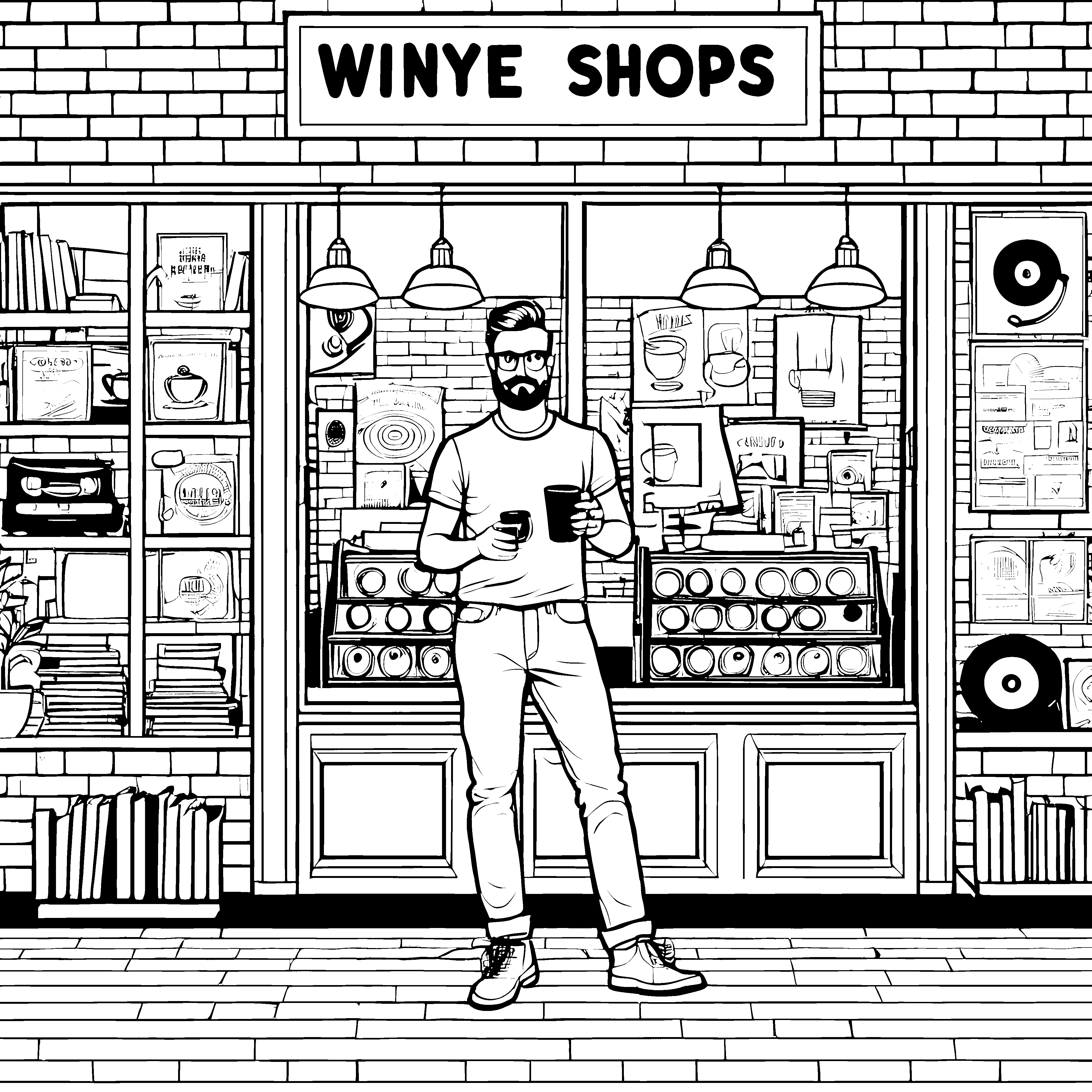 Hipster-Mann vor stylishem Caf Ausmalmotiv für trendbewusste Entdecker
