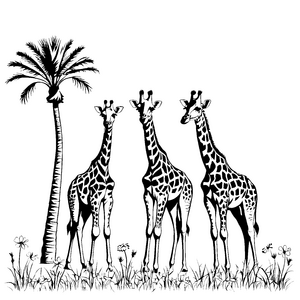 Drei neugierige Giraffen unter einer Palme Ausmalvorlage für kreative Tierfreunde