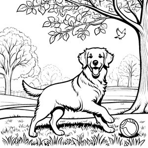 Fröhlicher Hund mit buntem Ball Malvorlage für lebhafte Tierfreunde