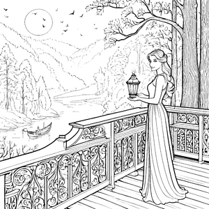 Strahlende Prinzessin am geheimnisvollen Balkongeländer Ausmalmotiv für fantasievolle Künstler