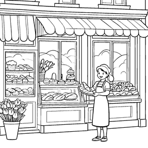 Verführerische Bäckerei mit frischen Köstlichkeiten Ausmalbild für fantasievolle Backfreunde