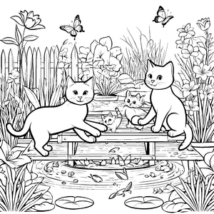 Lustige Katzen auf der schönen Holzbrücke Ausmalvorlage für fröhliche Tierliebhaber