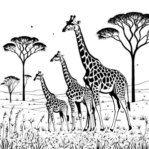 Schöne Giraffenfamilie unter Akazienbaum Ausmalmotiv für kreative Tierexperten